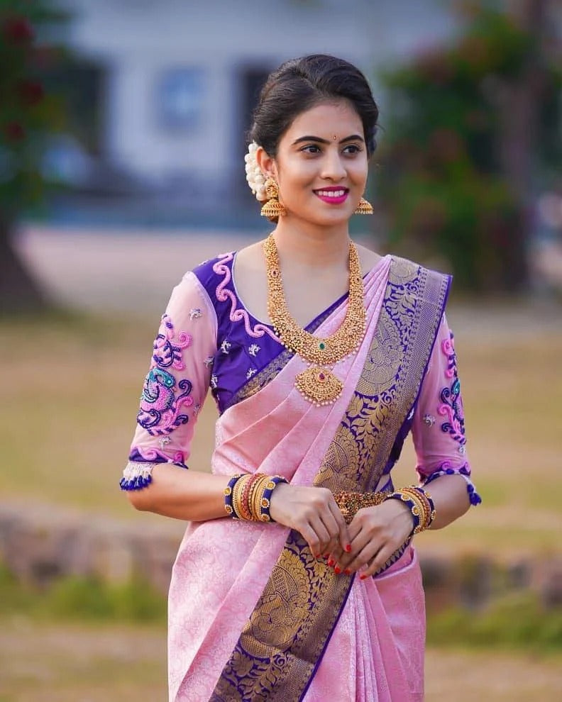 Pink Soft Banarasi Silk Saree with Jacquard Work and Contrast Embroidered Blouse
