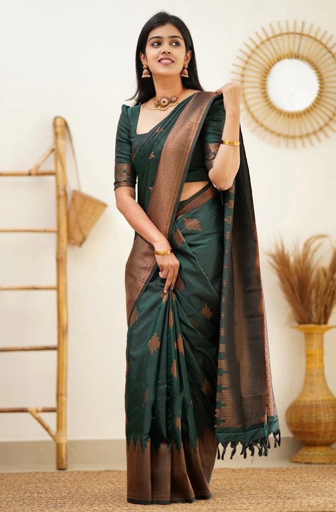 icultural - Green Soft Silk Saree with Jacquard Woven Border