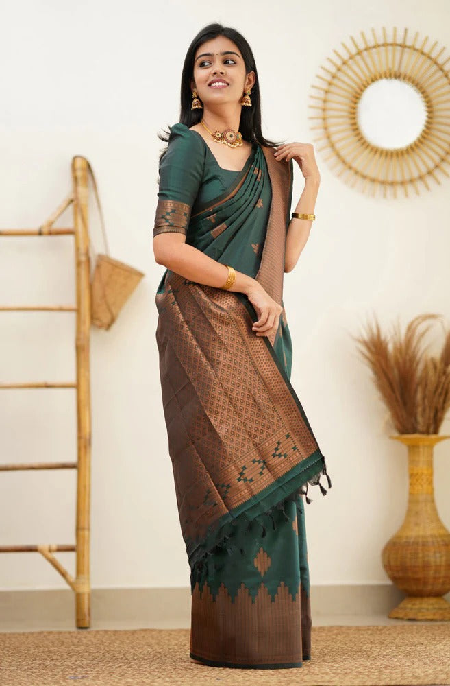 icultural - Green Soft Silk Saree with Jacquard Woven Border