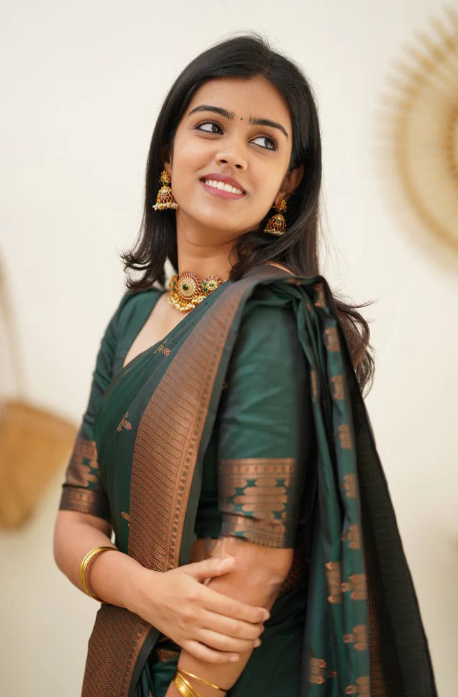 icultural - Green Soft Silk Saree with Jacquard Woven Border