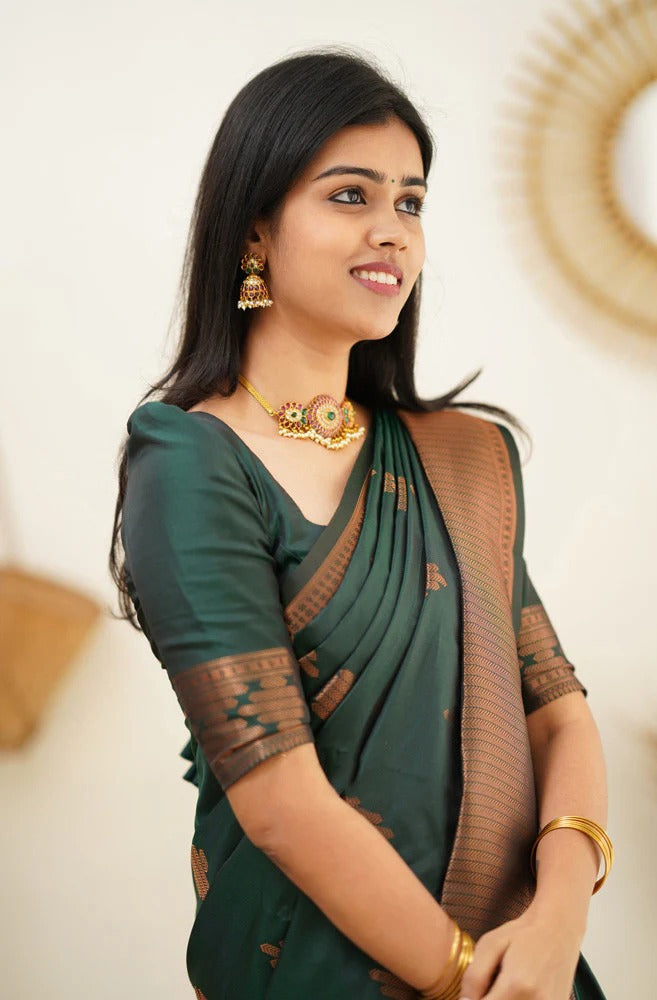 icultural - Green Soft Silk Saree with Jacquard Woven Border