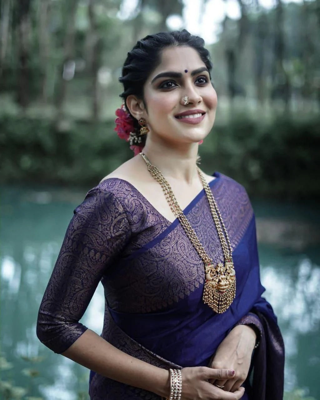 Navy Blue Soft Silk Saree with Silver Zari Border and Matching Blouse