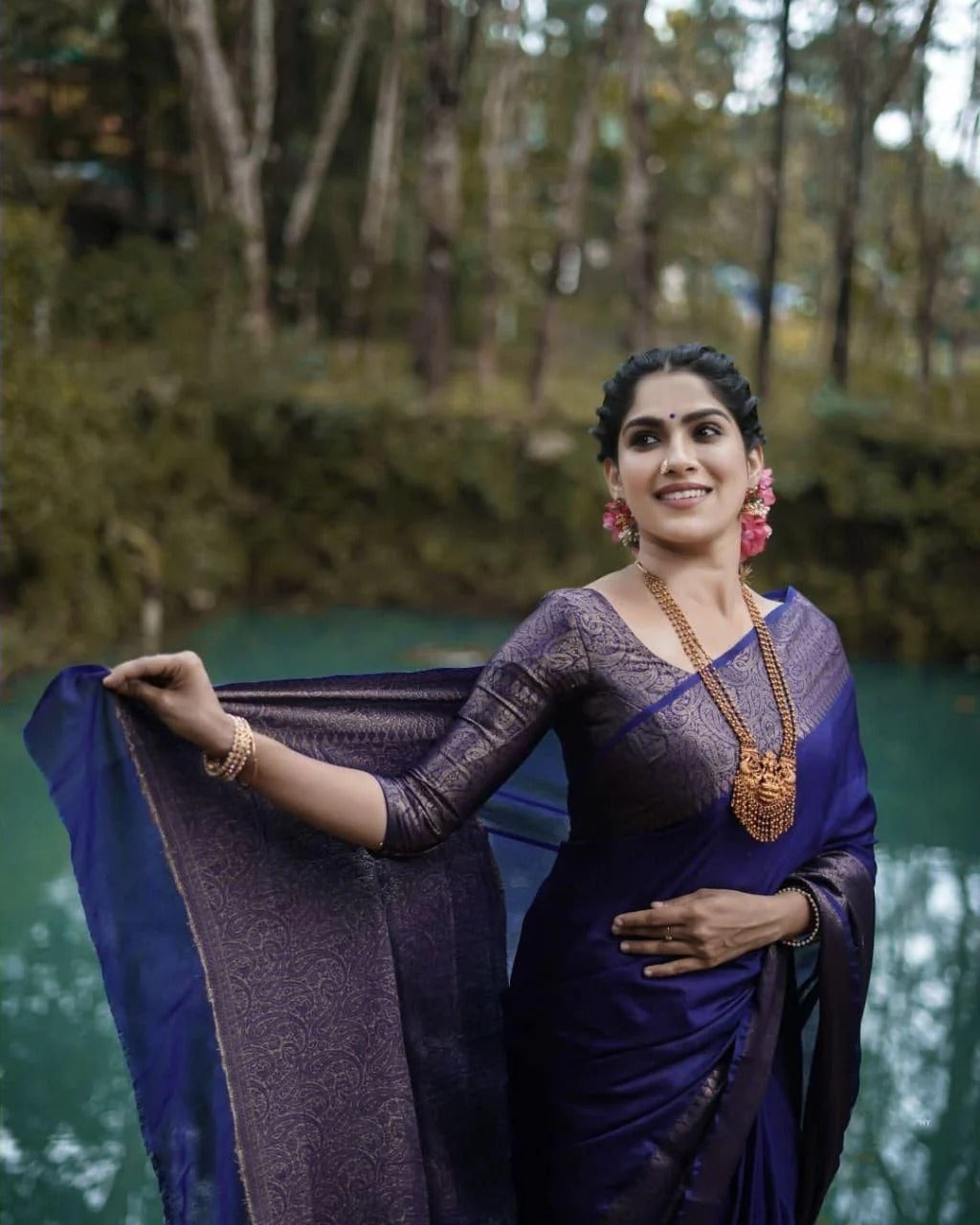 Navy Blue Soft Silk Saree with Silver Zari Border and Matching Blouse