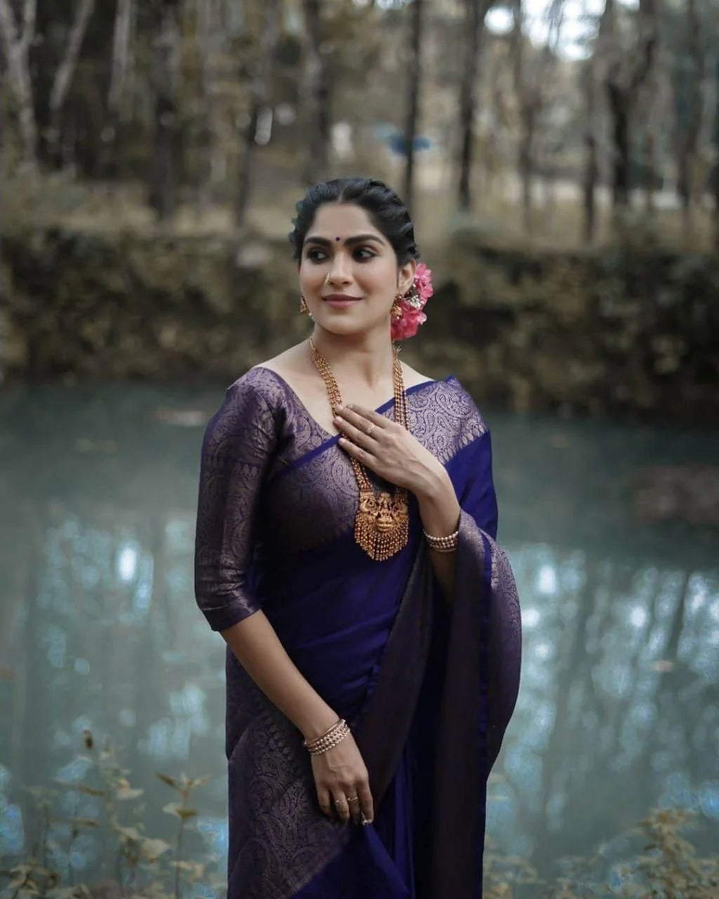 Navy Blue Soft Silk Saree with Silver Zari Border and Matching Blouse