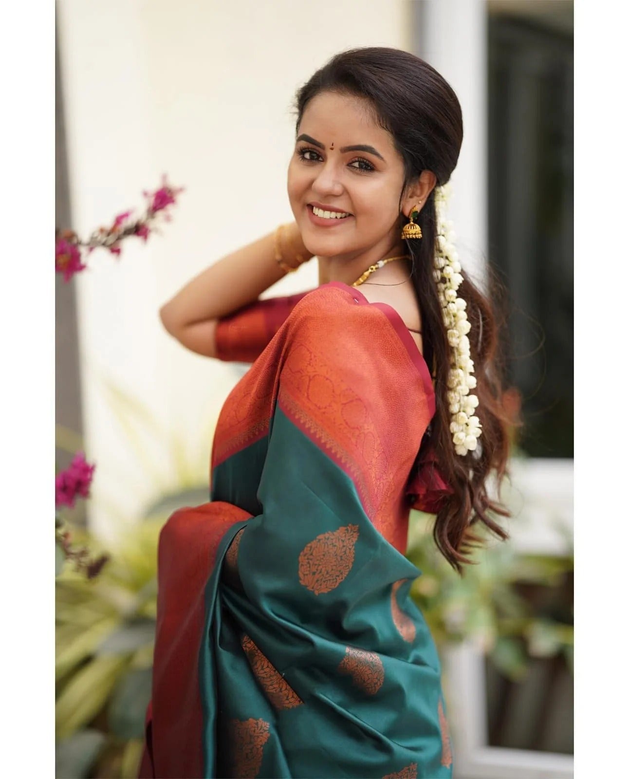 Rama Soft Banarasi Silk Saree with Copper Jacquard Buttas