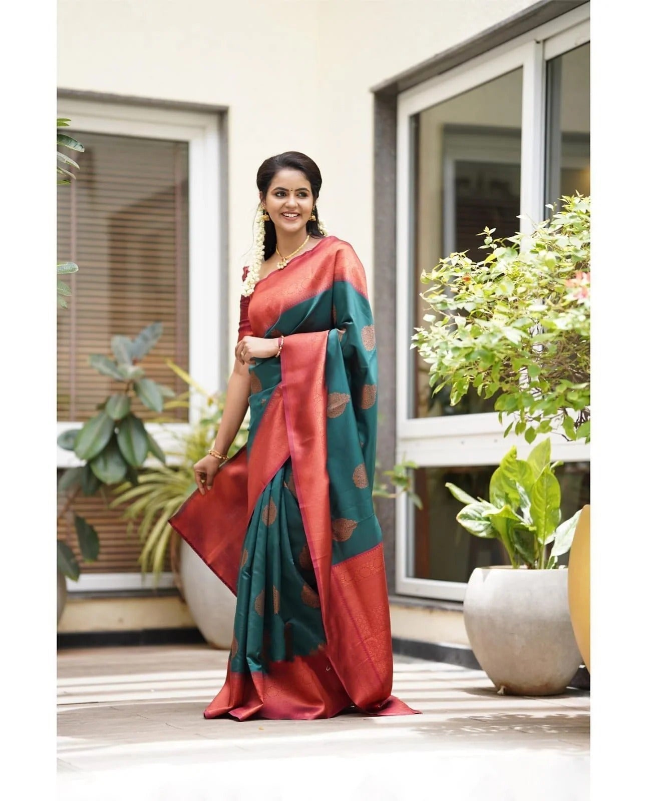Rama Soft Banarasi Silk Saree with Copper Jacquard Buttas