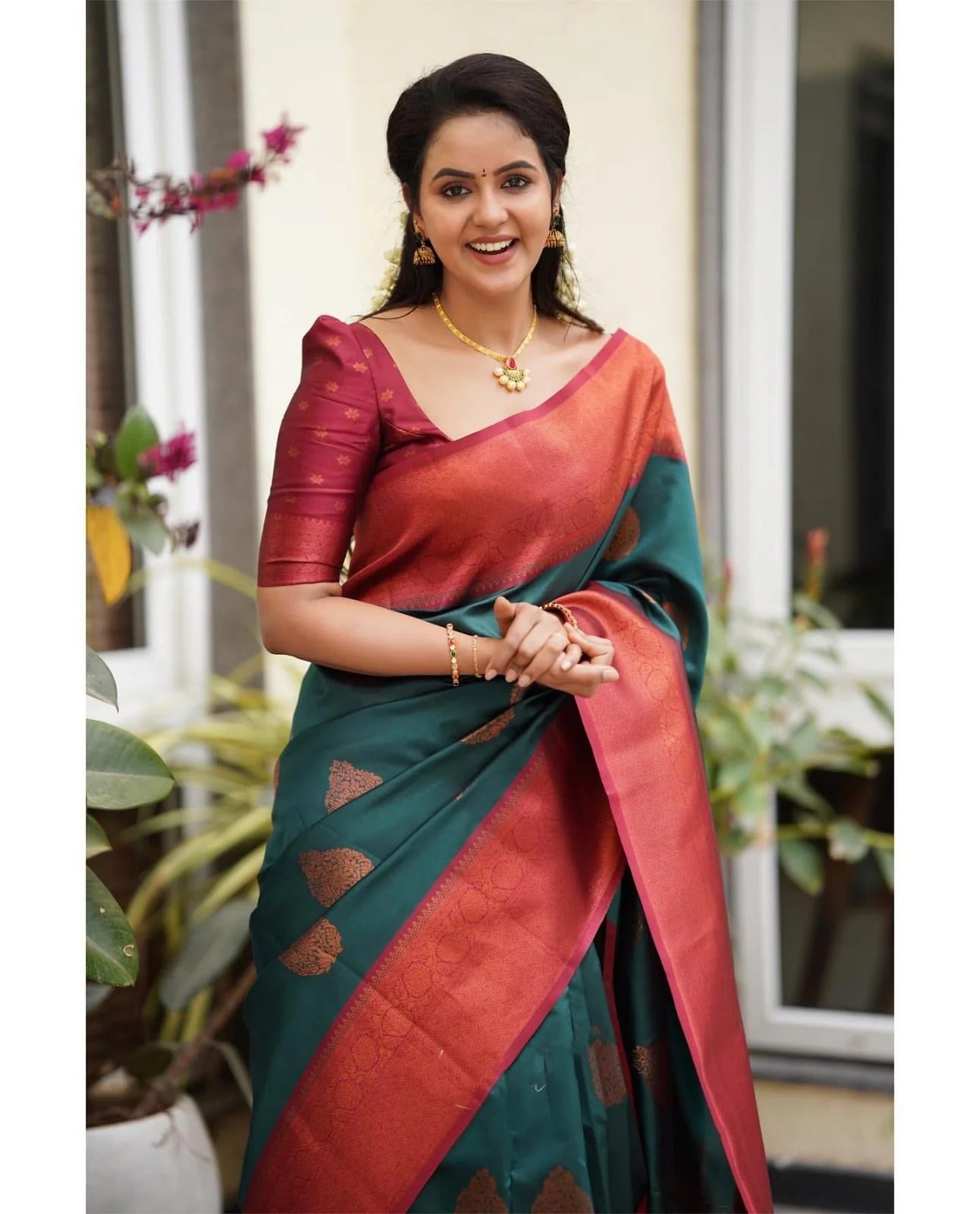 Rama Soft Banarasi Silk Saree with Copper Jacquard Buttas