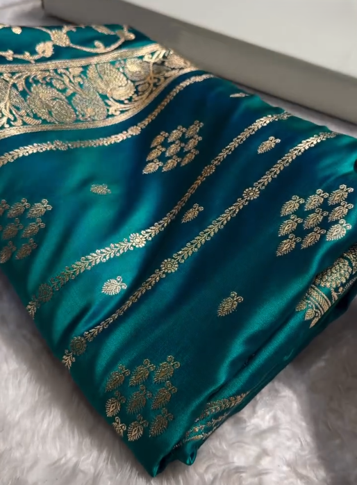icultural Blue Banarasi Silk Saree with Gold Zari Floral Motifs and Rich Border