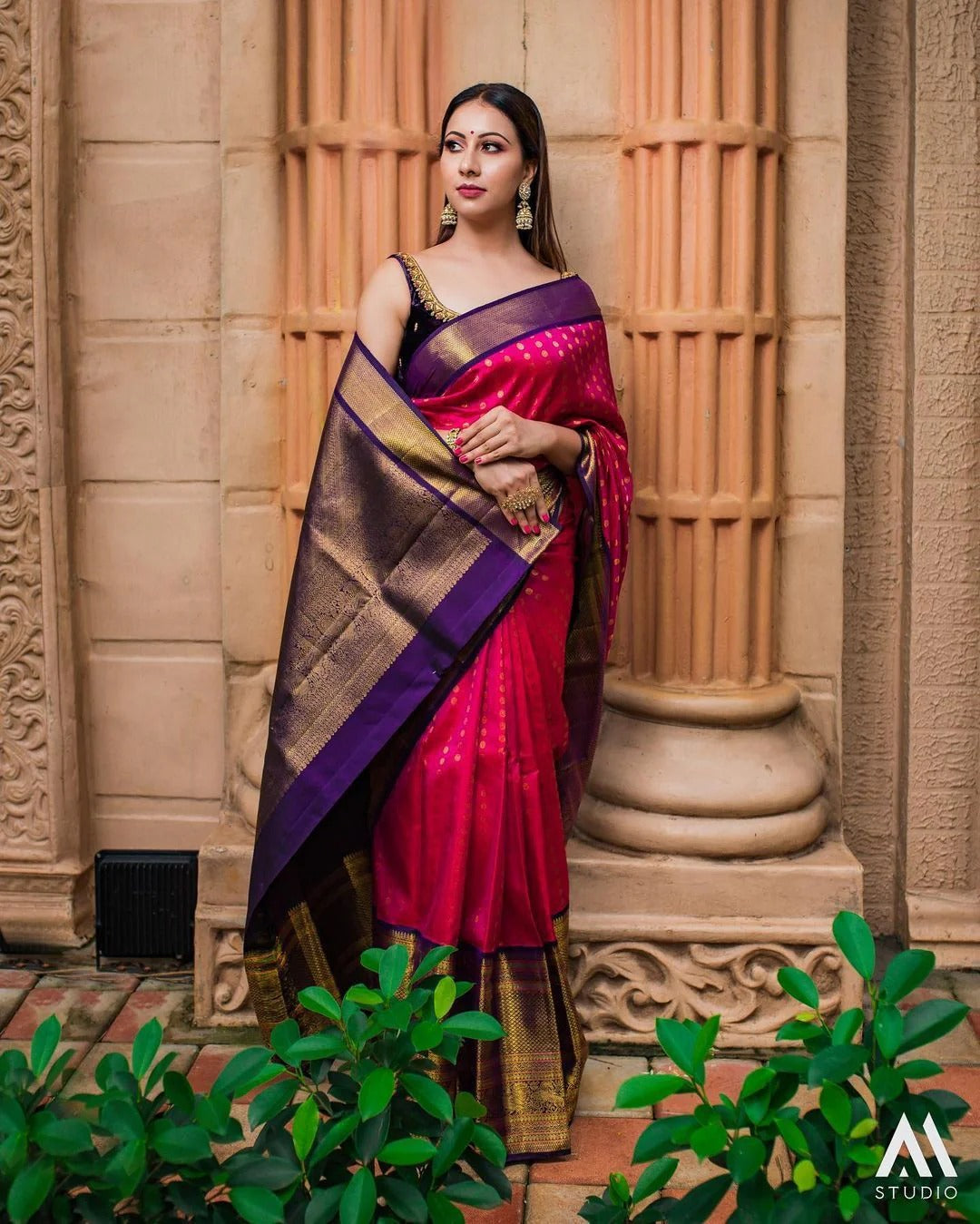 Dark Pink Banarasi Silk Saree with Contrast Blue Jacquard Blouse