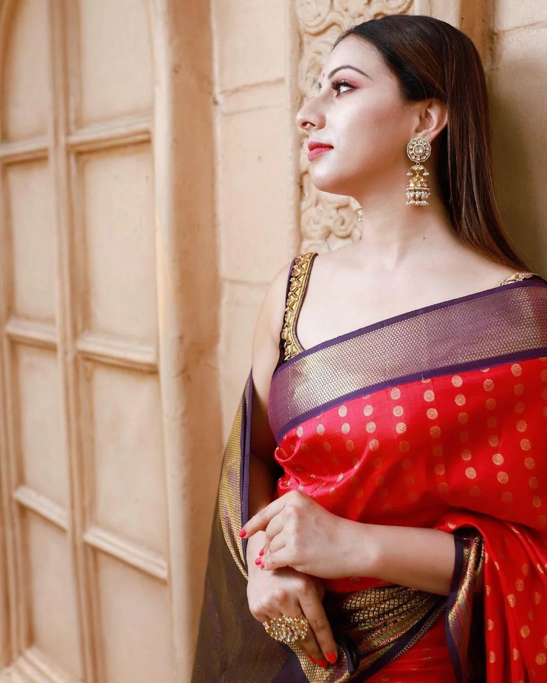 Dark Pink Banarasi Silk Saree with Contrast Blue Jacquard Blouse