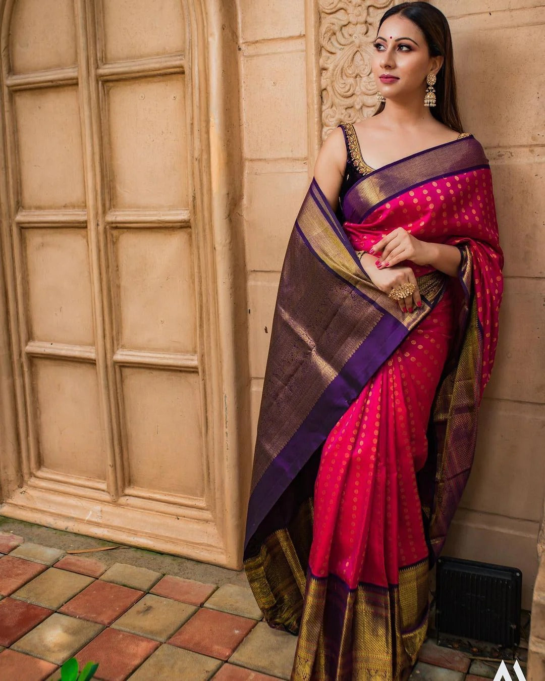 Dark Pink Banarasi Silk Saree with Contrast Blue Jacquard Blouse