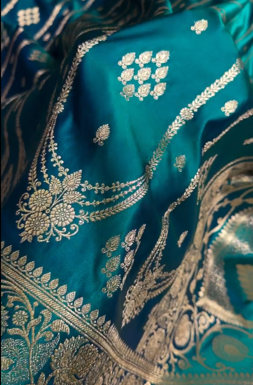 icultural Blue Banarasi Silk Saree with Gold Zari Floral Motifs and Rich Border