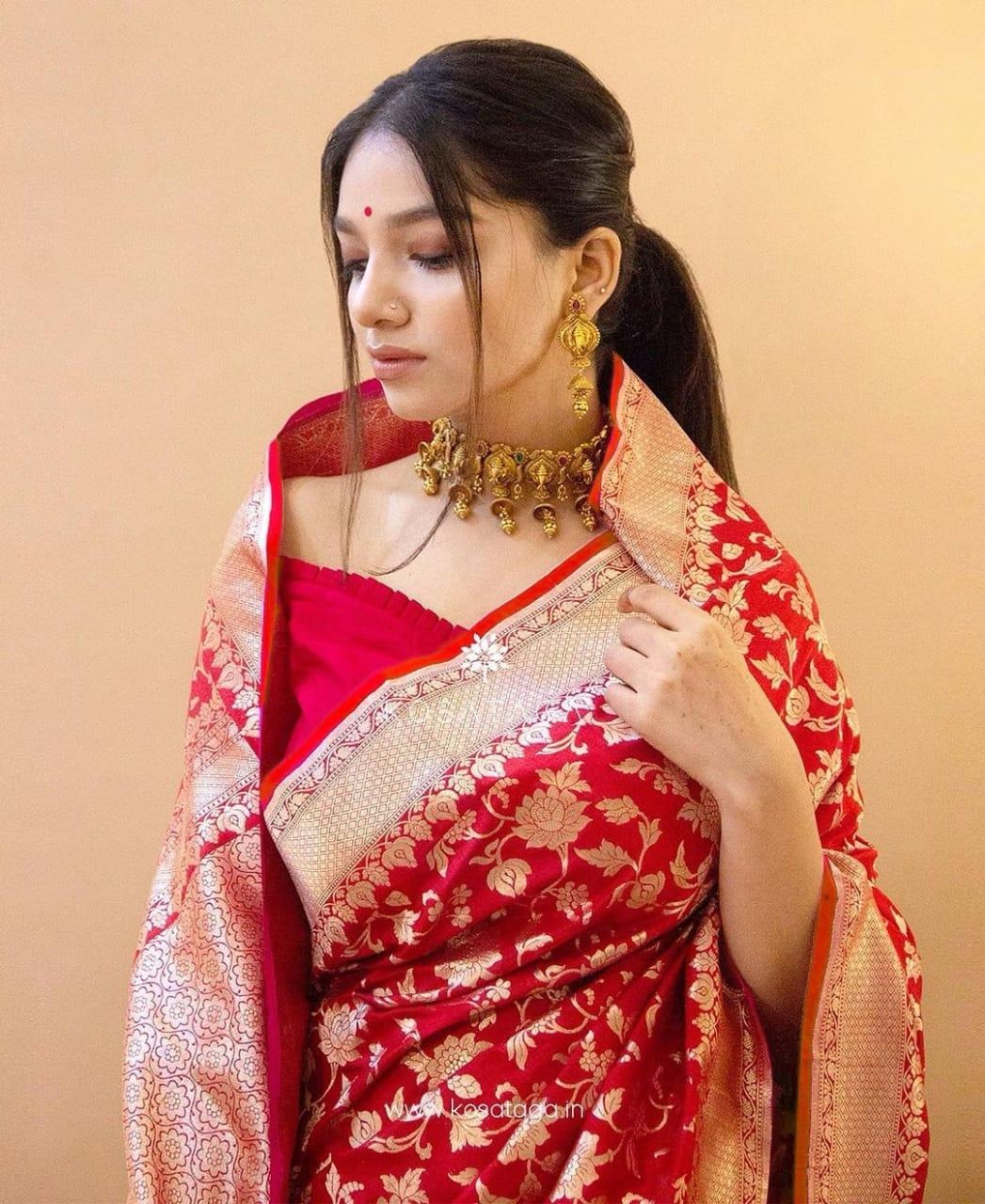 Red Soft Banarasi Silk Saree with Golden Jacquard Floral Weave