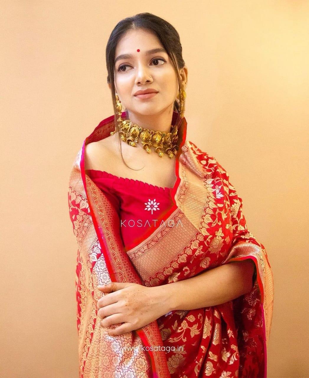 Red Soft Banarasi Silk Saree with Golden Jacquard Floral Weave