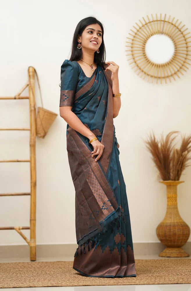 icultural - Rama Soft Silk Saree with Jacquard Woven Border