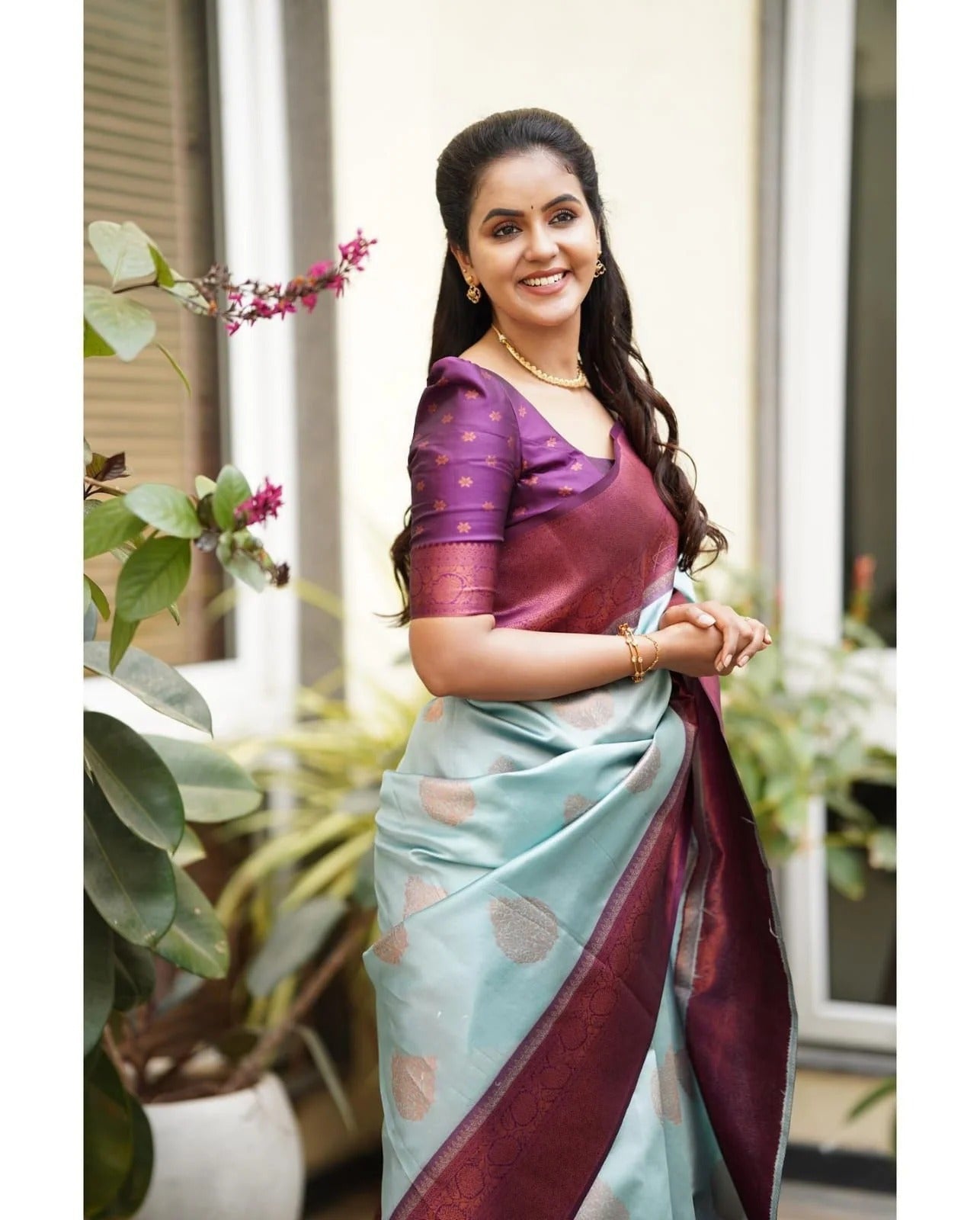 Sky Soft Banarasi Silk Saree with Copper Jacquard Buttas