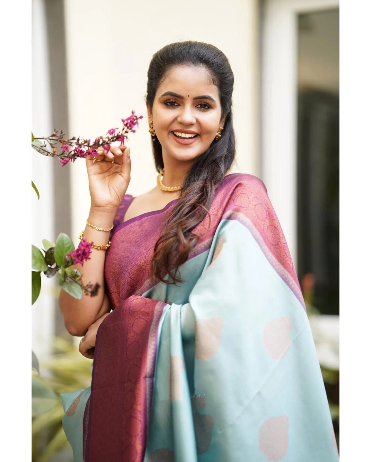 Sky Soft Banarasi Silk Saree with Copper Jacquard Buttas