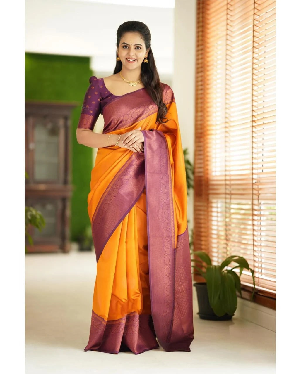 Yellow Soft Banarasi Silk Saree with Copper Jacquard Buttas