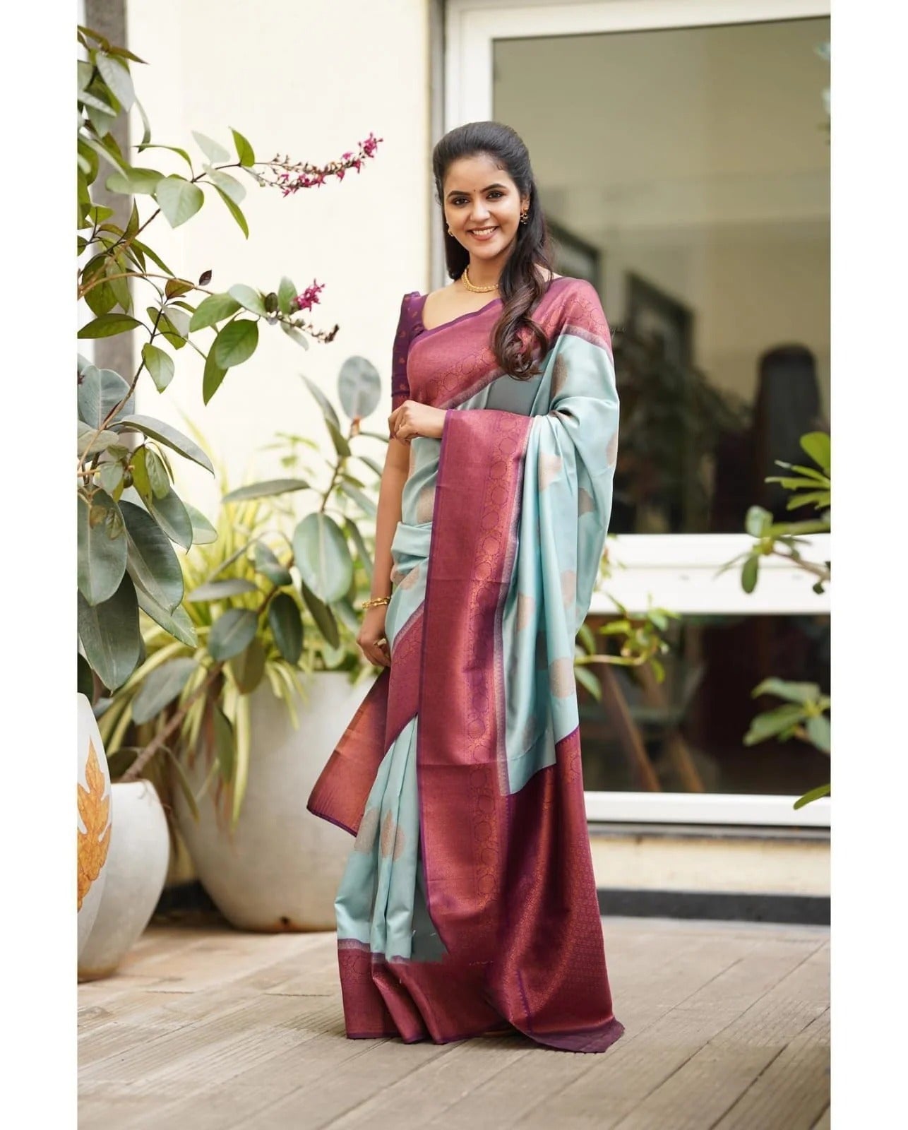 Sky Soft Banarasi Silk Saree with Copper Jacquard Buttas