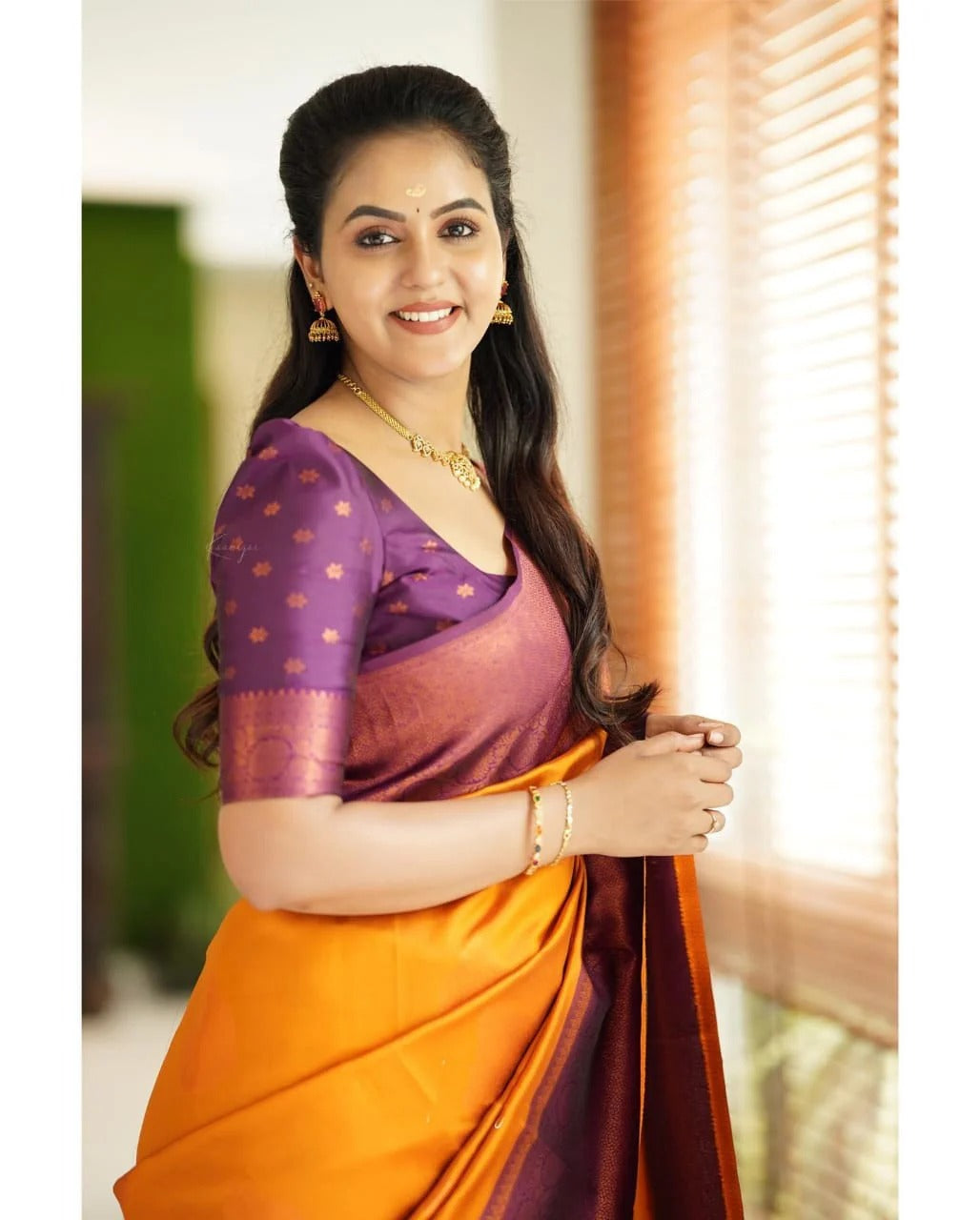 Yellow Soft Banarasi Silk Saree with Copper Jacquard Buttas