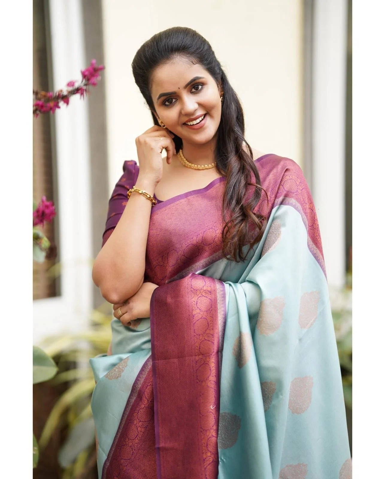 Sky Soft Banarasi Silk Saree with Copper Jacquard Buttas