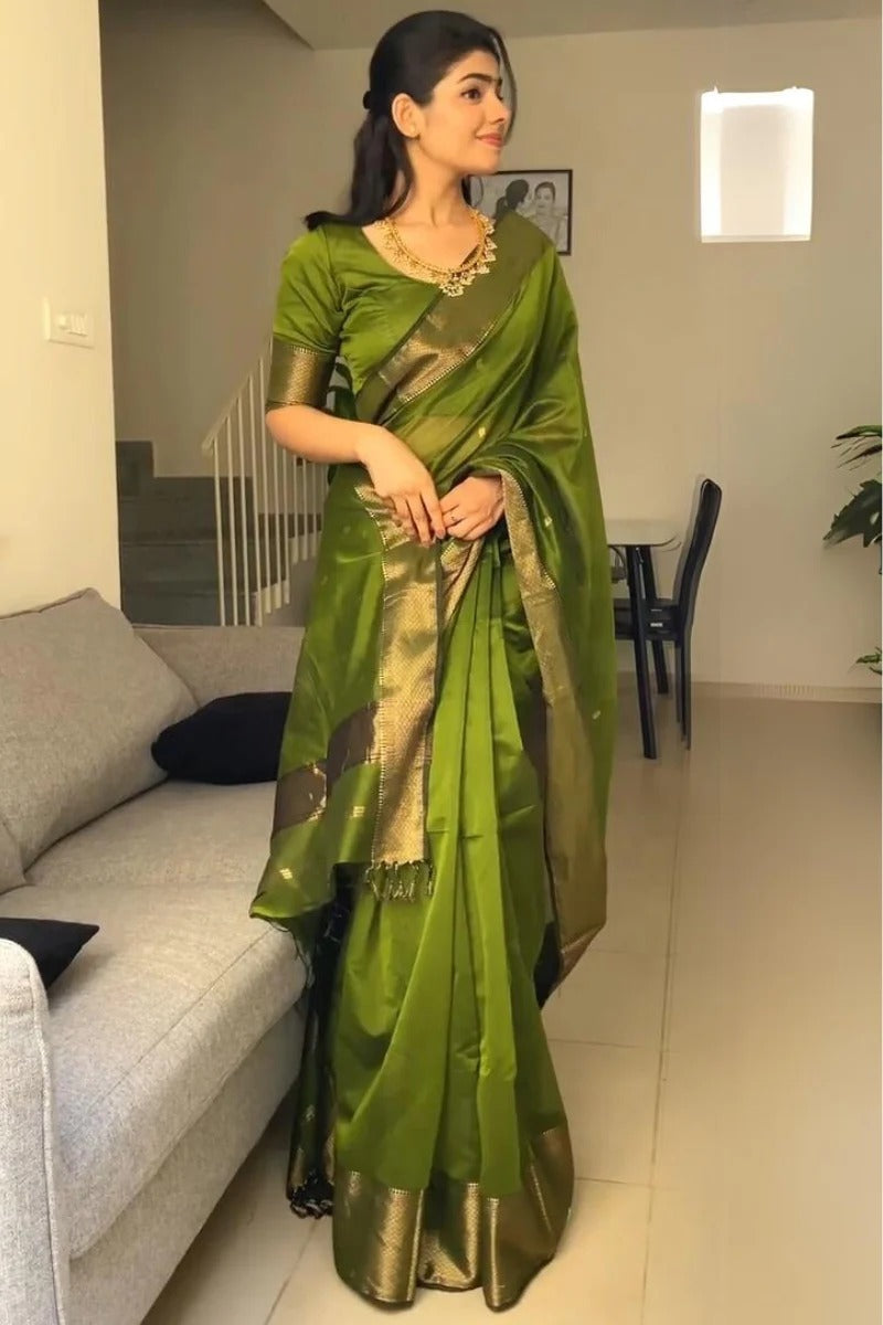 Green Pure Linen Silk Saree with Jacquard Weaving