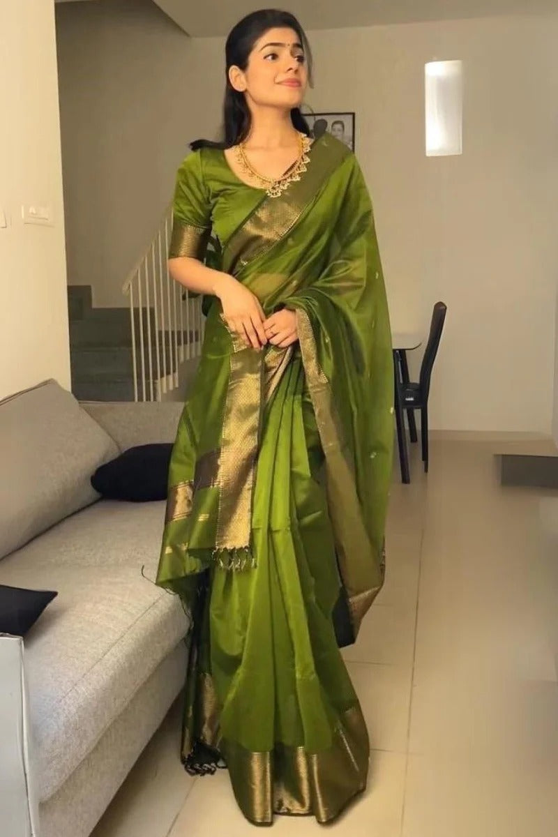 Green Pure Linen Silk Saree with Jacquard Weaving