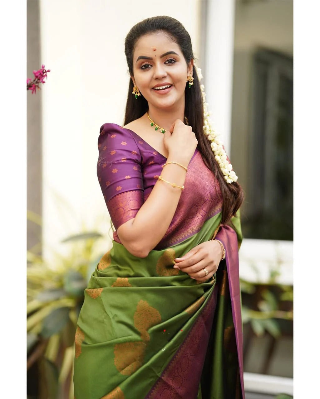Green Soft Banarasi Silk Saree with Copper Jacquard Buttas