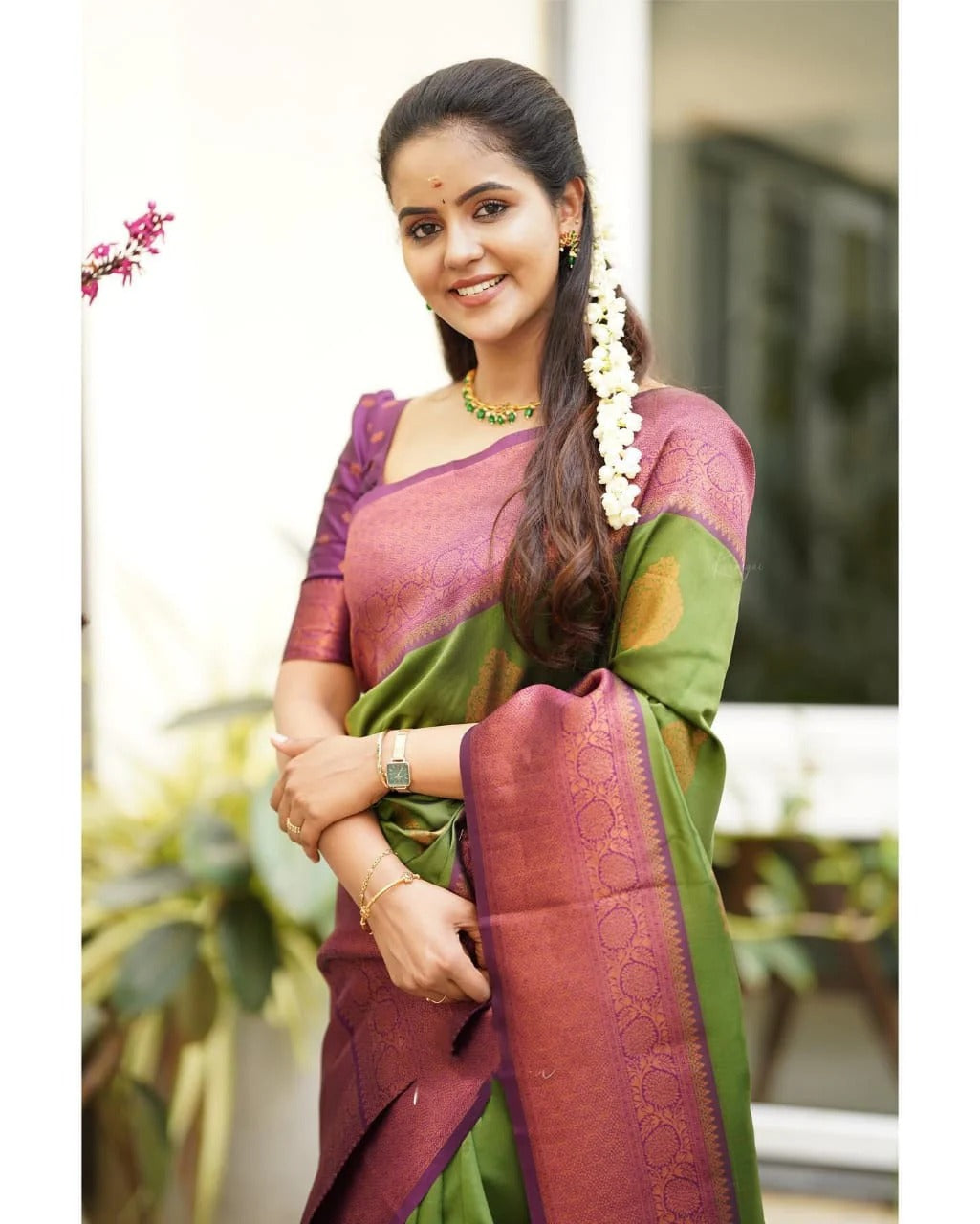 Green Soft Banarasi Silk Saree with Copper Jacquard Buttas