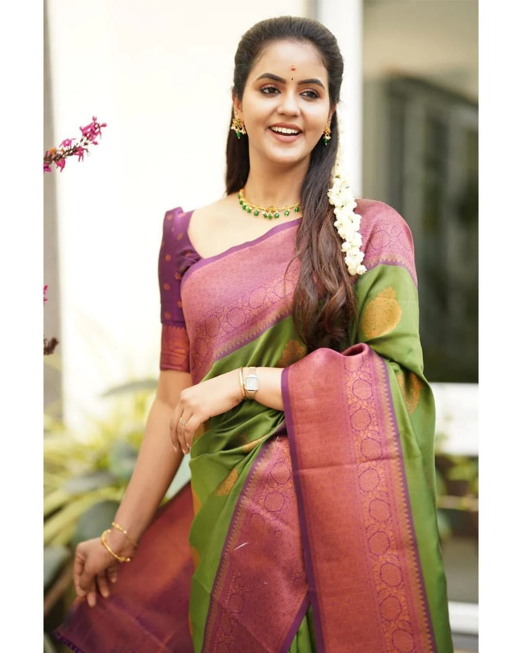Green Soft Banarasi Silk Saree with Copper Jacquard Buttas