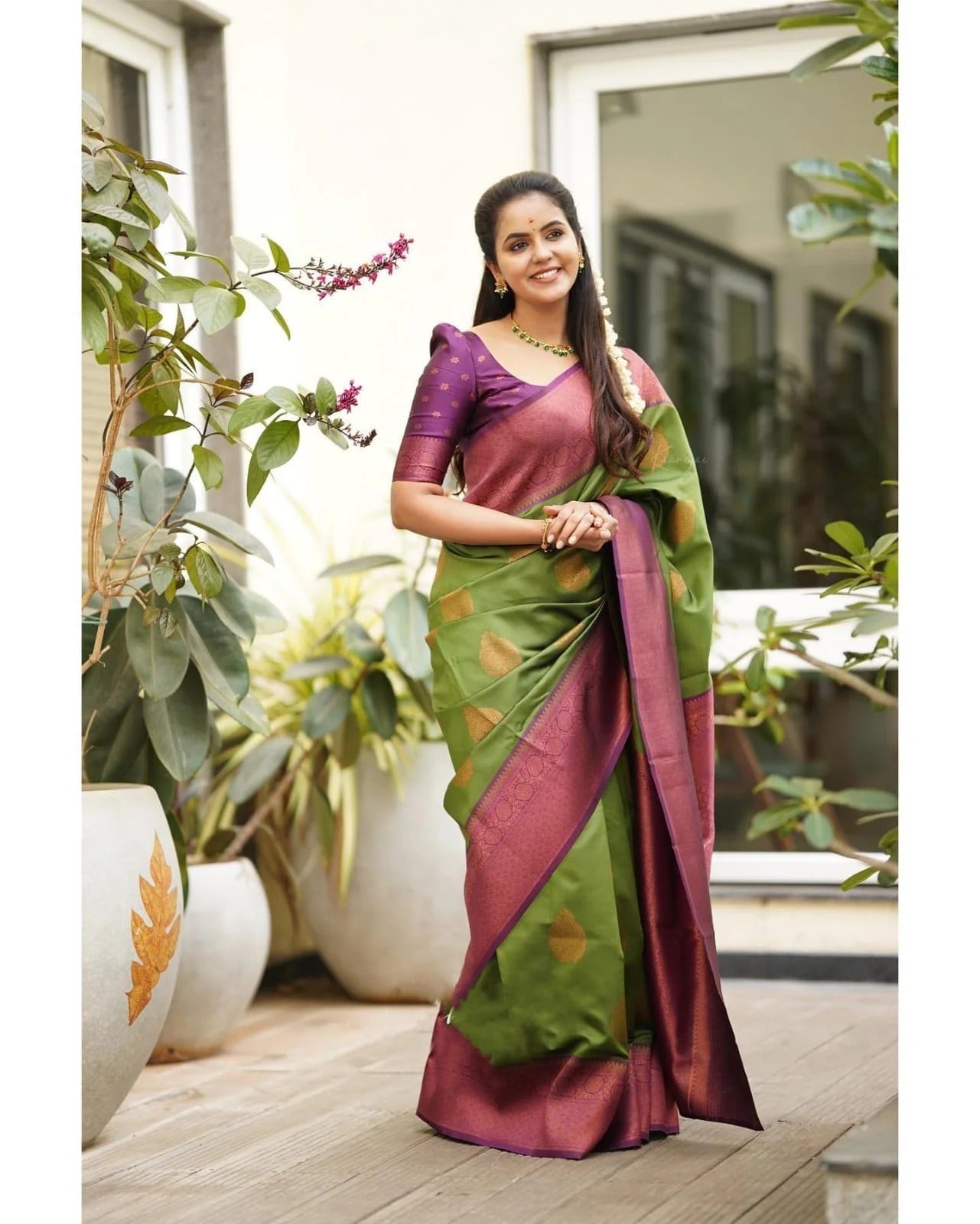 Green Soft Banarasi Silk Saree with Copper Jacquard Buttas