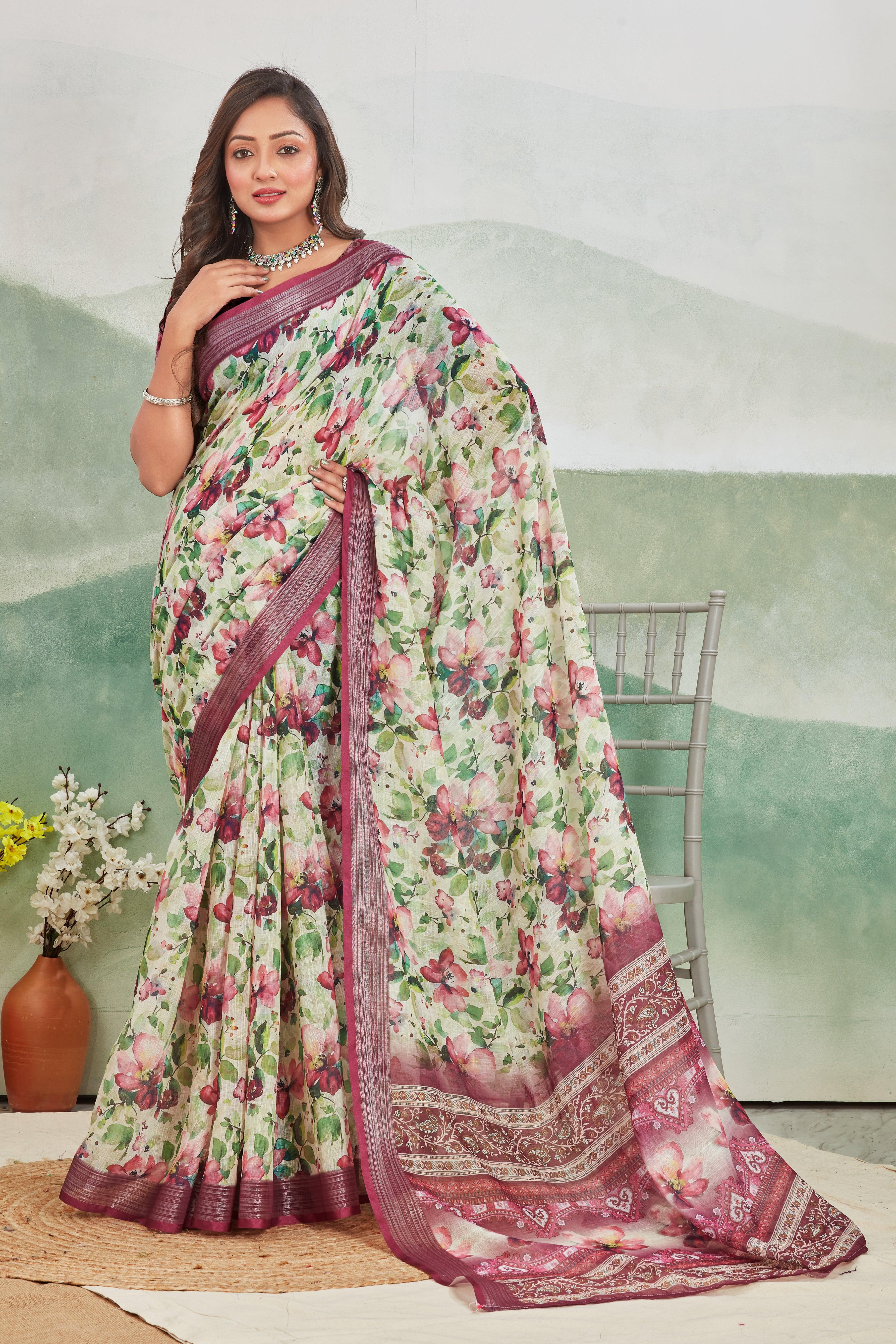 Vintage Velvet: Elegant Wine Linen Saree for All Occasions