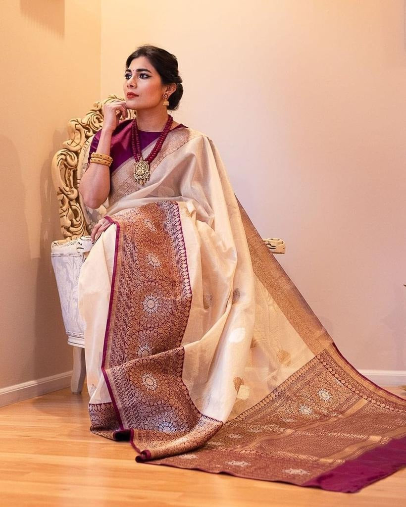 Beige Soft Banarasi Silk Saree with Wine Jacquard Pallu