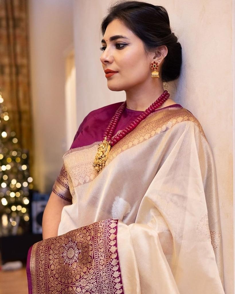 Beige Soft Banarasi Silk Saree with Wine Jacquard Pallu