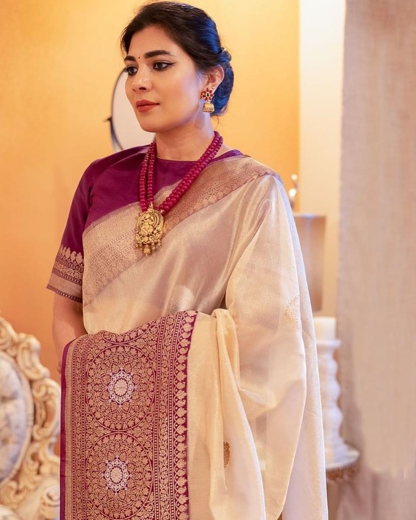 Beige Soft Banarasi Silk Saree with Wine Jacquard Pallu