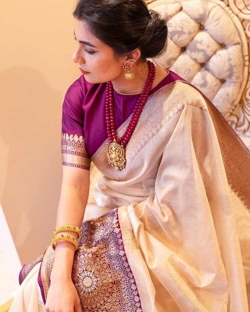 Beige Soft Banarasi Silk Saree with Wine Jacquard Pallu