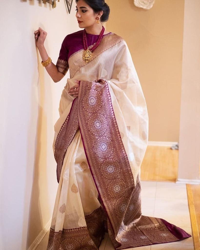 Beige Soft Banarasi Silk Saree with Wine Jacquard Pallu