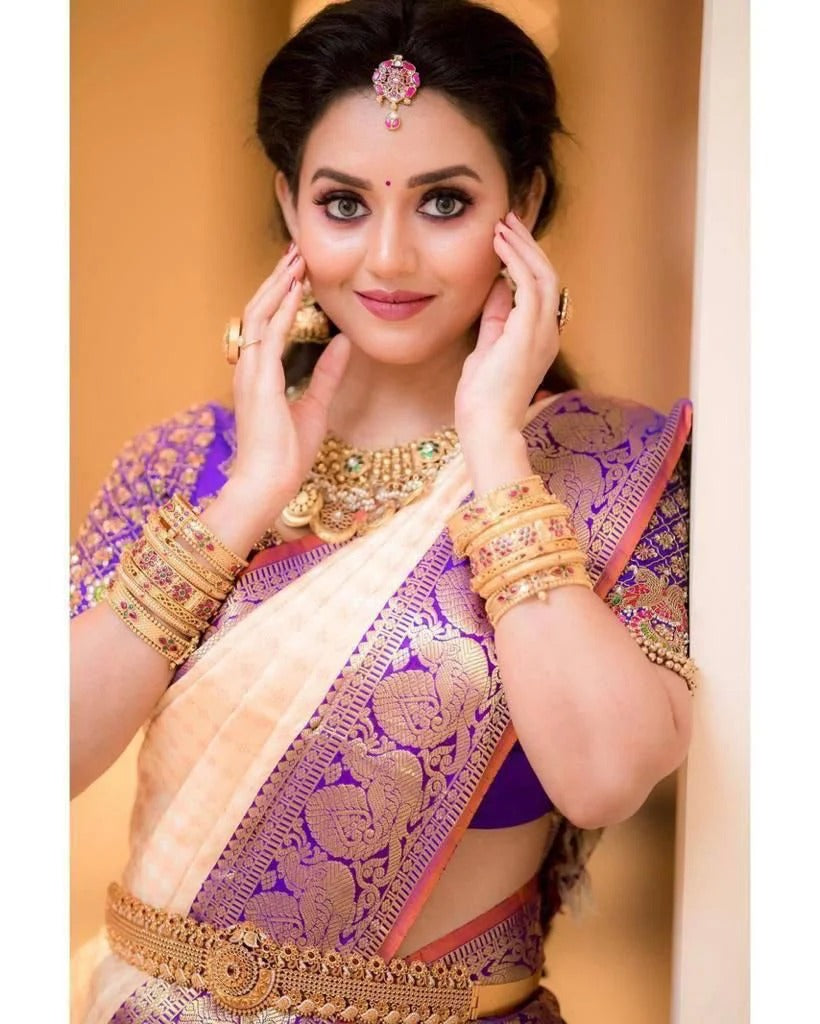 Peach Soft Silk Saree with Jacquard Purple Blouse