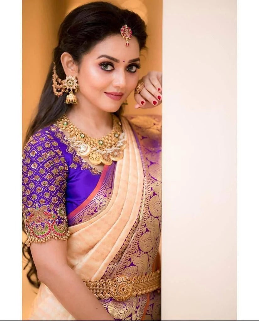 Peach Soft Silk Saree with Jacquard Purple Blouse
