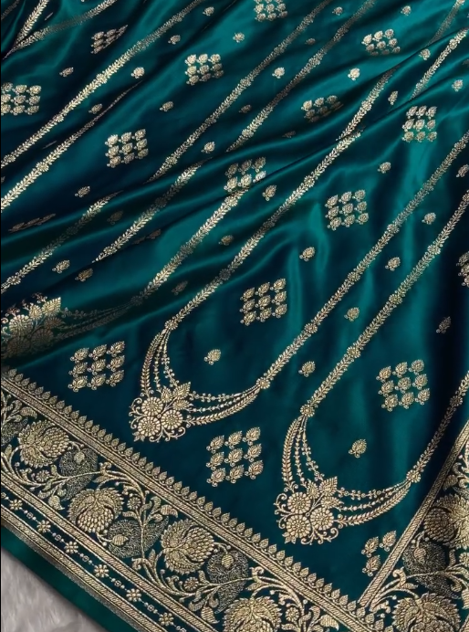icultural Blue Banarasi Silk Saree with Gold Zari Floral Motifs and Rich Border