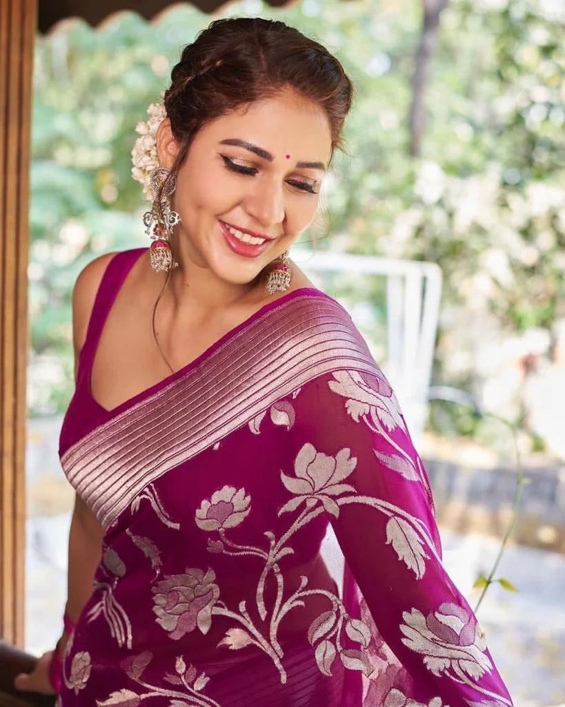 Purple Banarasi Silk Saree with Jacquard Weave and Matching Blouse