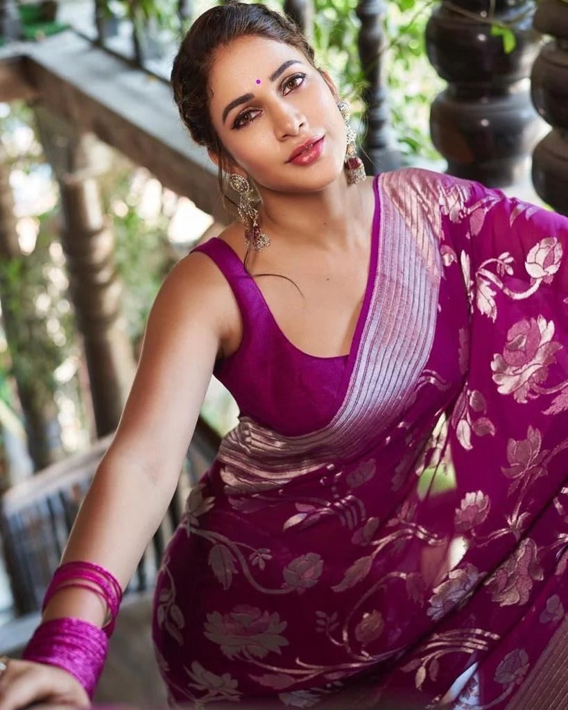 Purple Banarasi Silk Saree with Jacquard Weave and Matching Blouse