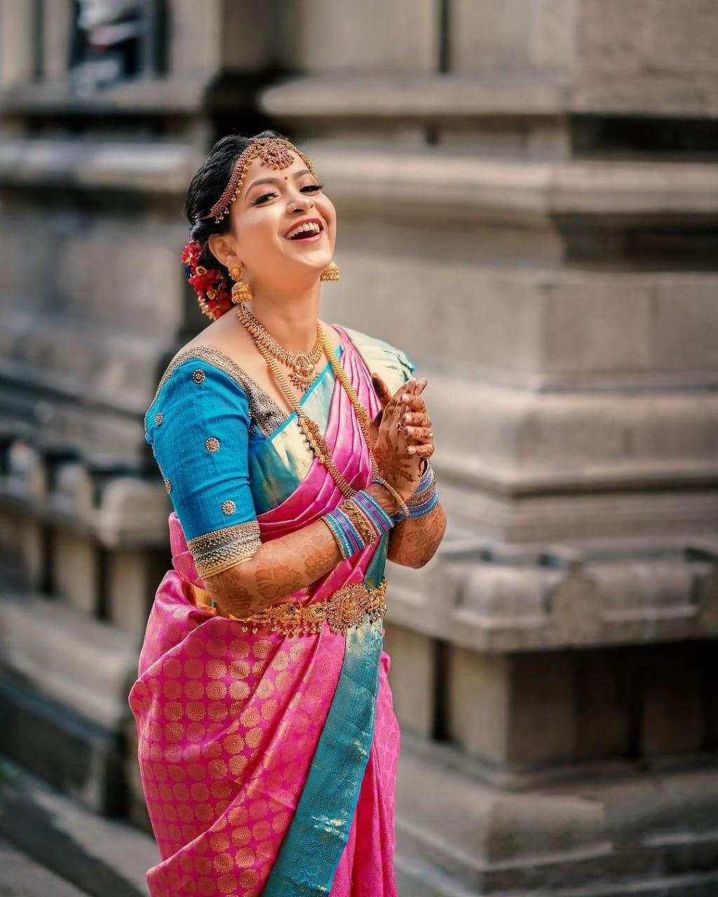 Dark Pink Banarasi Silk Saree with Jacquard Weaving & Firozi Blouse
