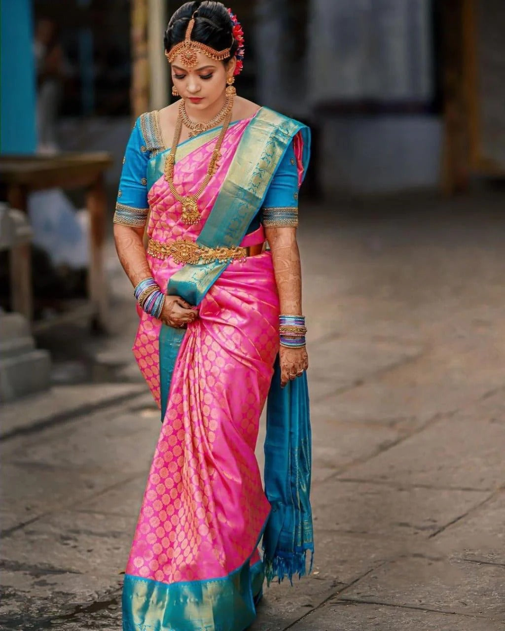 Dark Pink Banarasi Silk Saree with Jacquard Weaving & Firozi Blouse