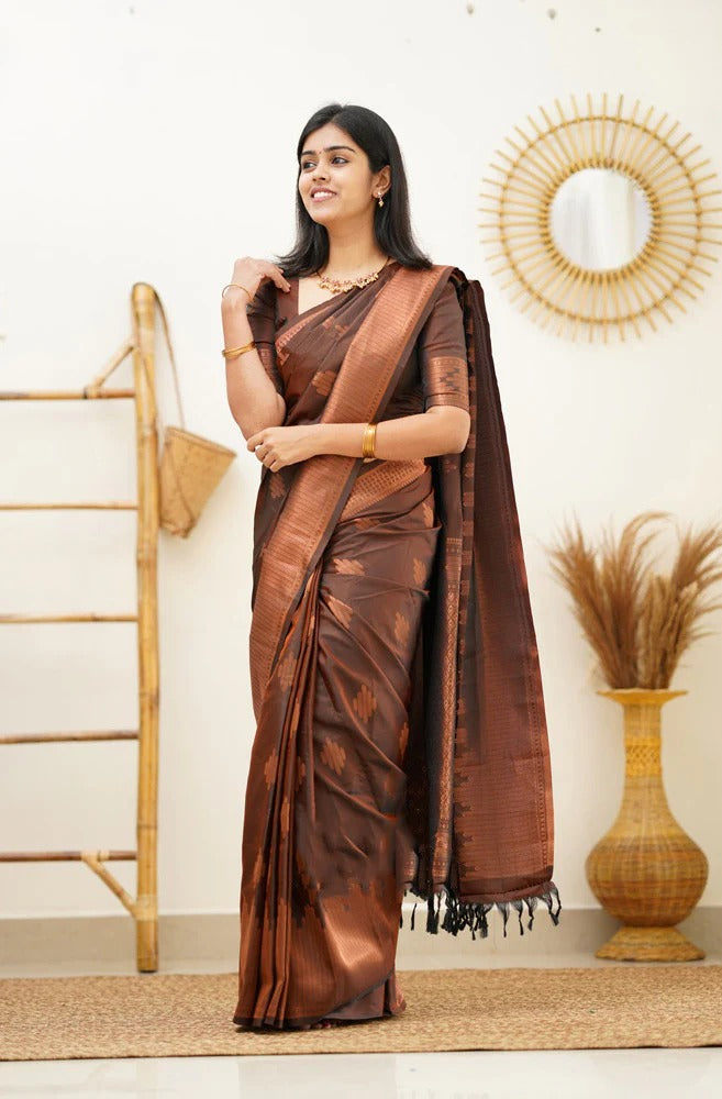 icultural - Brown Soft Silk Saree with Jacquard Woven Border