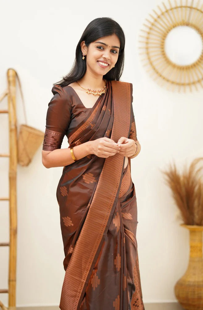 icultural - Brown Soft Silk Saree with Jacquard Woven Border