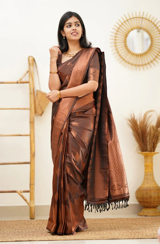 icultural - Brown Soft Silk Saree with Jacquard Woven Border
