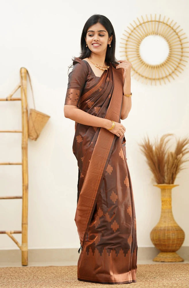 icultural - Brown Soft Silk Saree with Jacquard Woven Border