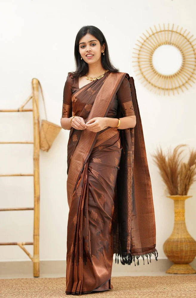 icultural - Brown Soft Silk Saree with Jacquard Woven Border