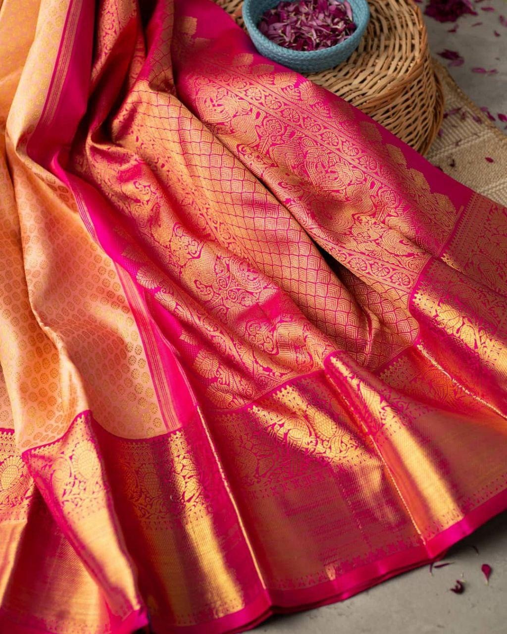 Peach Soft Banarasi Silk Saree with Pink Jacquard Zari Border